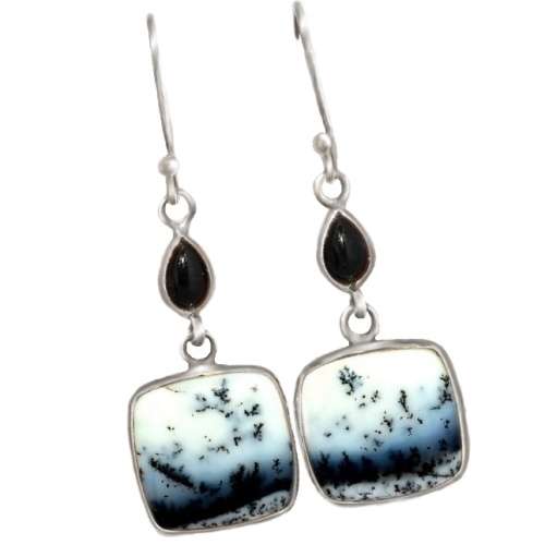 Natural Merlinite Dendritic Opal Gemstone Solid. 925 Sterling Silver Earrings