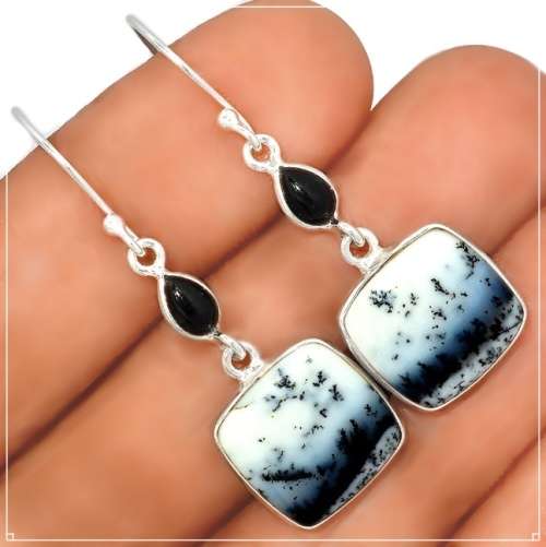Natural Merlinite Dendritic Opal Gemstone Solid. 925 Sterling Silver Earrings