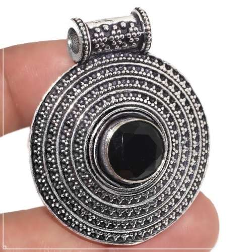 Indonesian Bali -Java Handmade Black Onyx Gemstone .925 Sterling Silver Pendant
