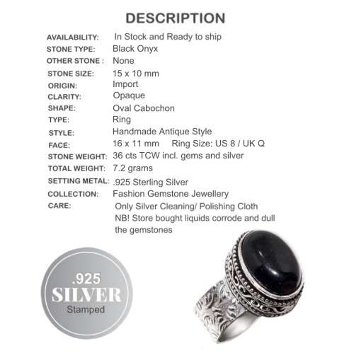 Handmade Black Onyx Oval Gemstone .925 Silver Ring Size 8 / Q
