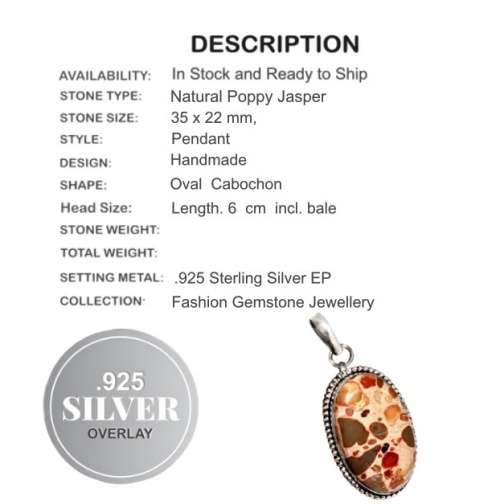 Exquisite Asteroid Poppy Jasper .925 Sterling Silver Pendant