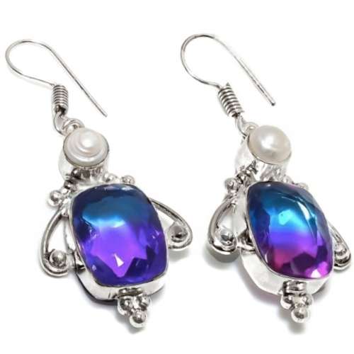 Bi-Colour Tourmaline , White Pearl Gemstone .925 Silver Earrings