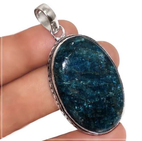 Natural Antique Style Blue Apatite Gemstone .925 Sterling Silver Pendant