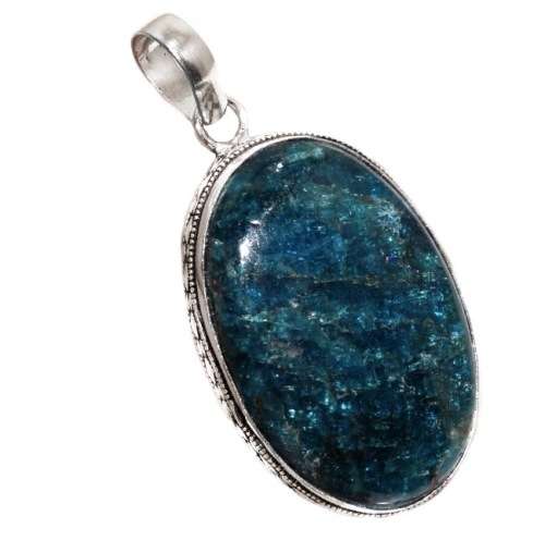 Natural Antique Style Blue Apatite Gemstone .925 Sterling Silver Pendant