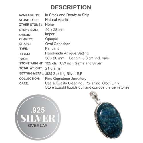 Natural Antique Style Blue Apatite Gemstone .925 Sterling Silver Pendant