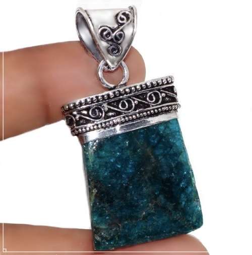 Natural Capped Blue Apatite Gemstone set in .925 Sterling Silver Plated Antique Style Pendant