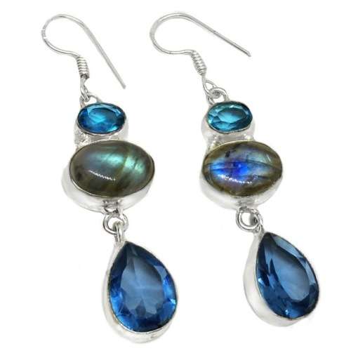 Fantastic Natural Blue Fire Labradorite, Blue Topaz . 925 Silver Earrings