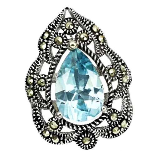 Natural Pear Shape Sky Blue Topaz Marcasite Solid .925 Sterling Silver Size 7 OR O
