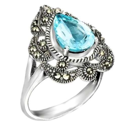 Natural Pear Shape Sky Blue Topaz Marcasite Solid .925 Sterling Silver Size 7 OR O