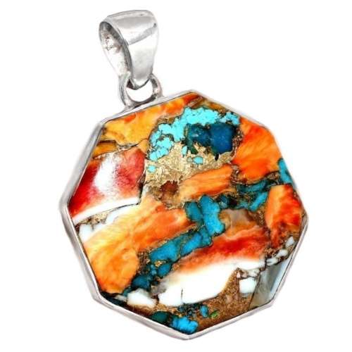 Natural Spiny Oyster Arizona Turquoise Solid .925 Sterling Silver Pendant