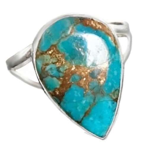 Natural Blue Copper Turquoise Pear Gemstone Solid .925 Silver Ring Size 10