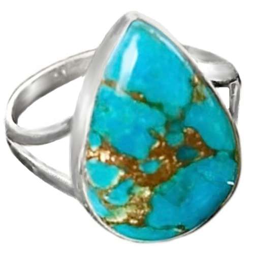 Natural Blue Copper Turquoise Pear Gemstone Solid .925 Silver Ring Size 10