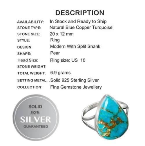 Natural Blue Copper Turquoise Pear Gemstone Solid .925 Silver Ring Size 10
