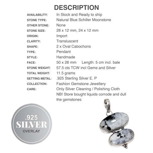 Natural Blue Schiller Moonstone Oval Gemstone  .925 Sterling Silver Pendant