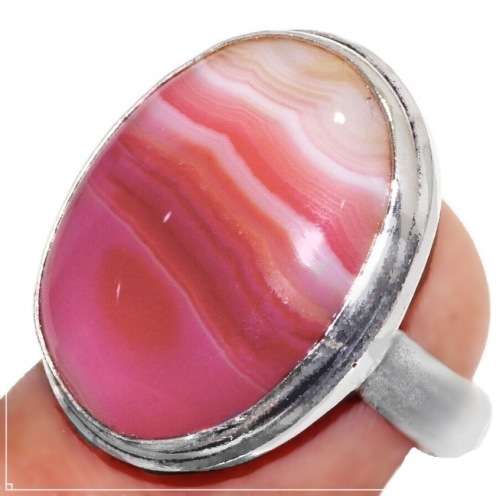 Natural Pink Lace Botswana Agate Oval Gemstone .925 Sterling Silver Plated Ring Size 7 / O