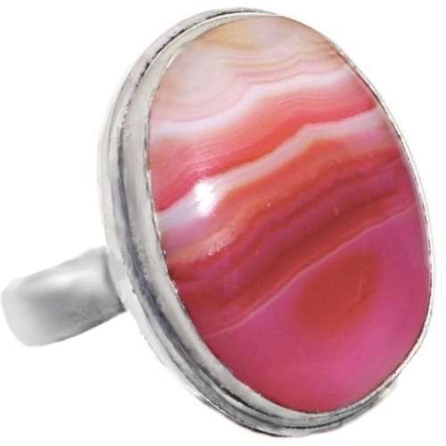 Natural Pink Lace Botswana Agate Oval Gemstone .925 Sterling Silver Plated Ring Size 7 / O