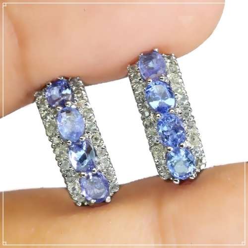 Rare Natural Unheated Tanzanite and White Topaz Gemstone Solid .925 Silver & White Gold Earrings