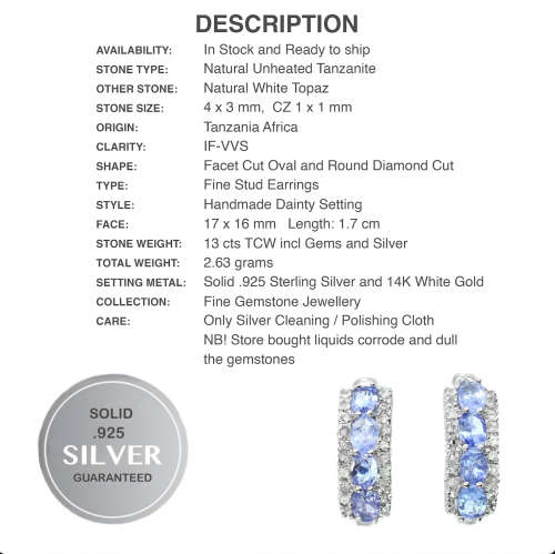 Rare Natural Unheated Tanzanite and White Topaz Gemstone Solid .925 Silver & White Gold Earrings