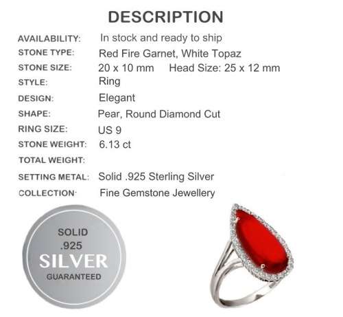 6.13 cts Fire Red Garnet And White Topaz Solid .925 Silver Ring Size 9