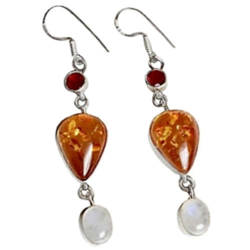 Gorgeous Pressed Amber, Quartz, Rainbow Moonstone Gemstone In .925 Silver Earrings