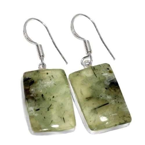 Natural Scottish Moss Prehnite Rectangle Gemstone .925 Sterling Silver Plated Handmade Earrings