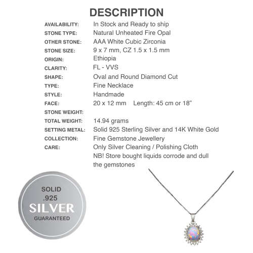 Deluxe Unheated Full Flash Fire Opal, White Cubic Zirconia Solid.925 Sterling Silver Necklace