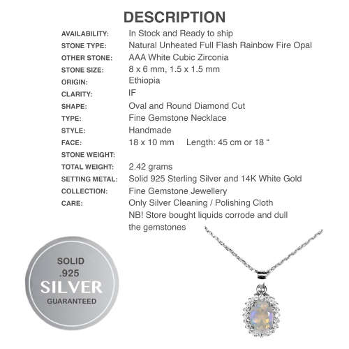 Deluxe Unheated Full Flash Fire Opal, White Cubic Zirconia set in Solid.925 Sterling Silver Necklace
