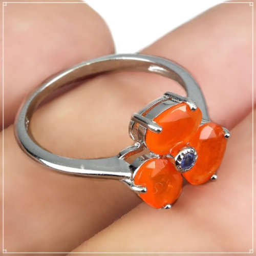 Natural Orange Fire Opal and Top Blue Violet Tanzanite Solid .925 Sterling Silver Ring Size 8 / Q