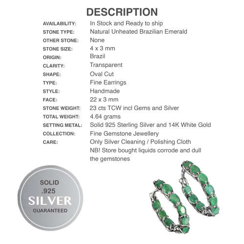 Exquisite 18 Natural Unheated Brazilian Emeralds Solid .925 Sterling Silver 14k White Gold Earrings