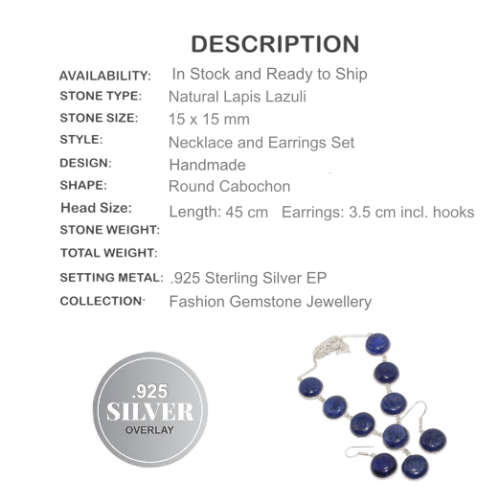 Natural Lapis Lazuli Oval Gemstone .925 Sterling Silver Necklace and Earrings Set