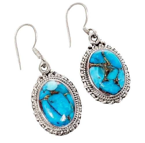 Natural Blue Copper Mohave Oval Gemstone Solid .925 Sterling Silver Earrings