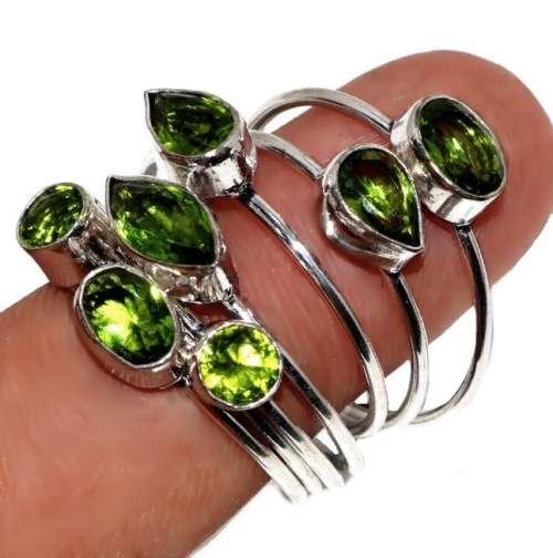 Exquisite Mixed Shapes Peridot Gemstone .925 Silver Stacking Ring Size 9.5