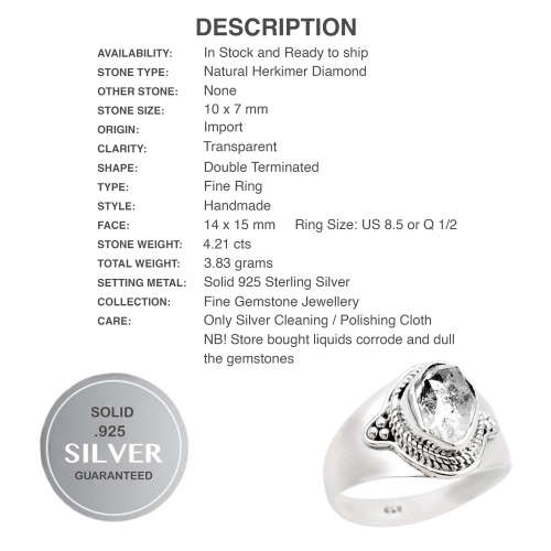 Natural Herkimer Diamond set in Solid Sterling Silver Antique Style Ring Size US 8.5 or Q1/2