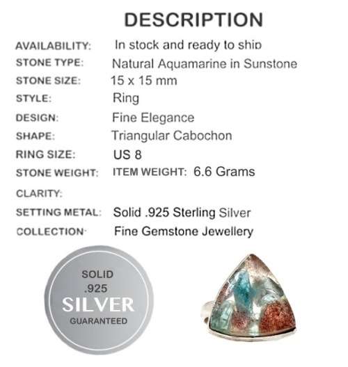 Natural Aquamarine in Sunstone set in Solid .925 Sterling Silver Ring Size 8 or Q