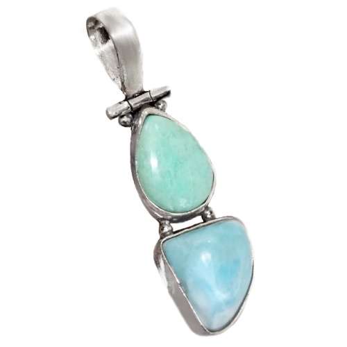 Natural Peruvian Amazonite Pear and Caribbean Larimar Gemstone .925 Sterling Silver Pendant
