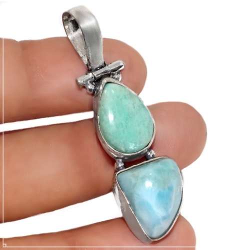 Natural Peruvian Amazonite Pear and Caribbean Larimar Gemstone .925 Sterling Silver Pendant