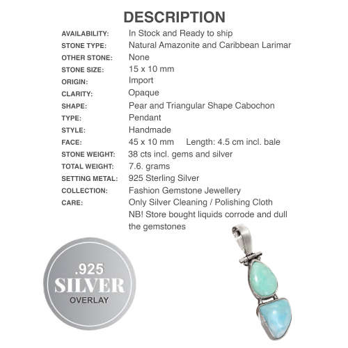 Natural Peruvian Amazonite Pear and Caribbean Larimar Gemstone .925 Sterling Silver Pendant