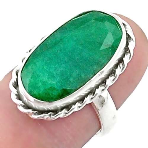 Antique Style Natural Indian Emerald Oval Gemstone Solid .925 Silver Ring Size 7 or O