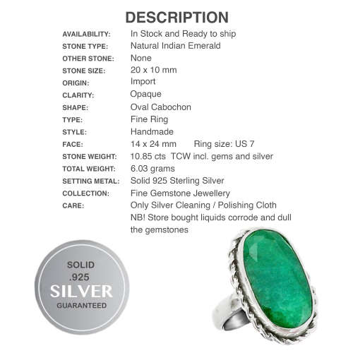 Antique Style Natural Indian Emerald Oval Gemstone Solid .925 Silver Ring Size 7 or O