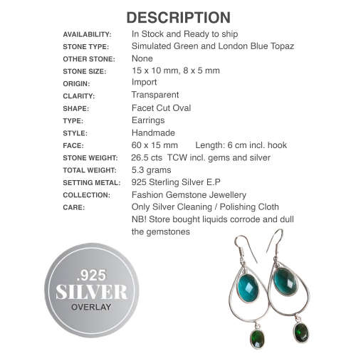 Blue and Green Topaz Simulated Gemstone set in .925 Sterling Silver Plated Handmade Earrings