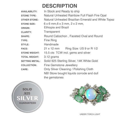 Natural Unheated Full Flash Fire Opal, Emerald, Topaz Solid .925 Silver 14K White Gold Ring Size 9