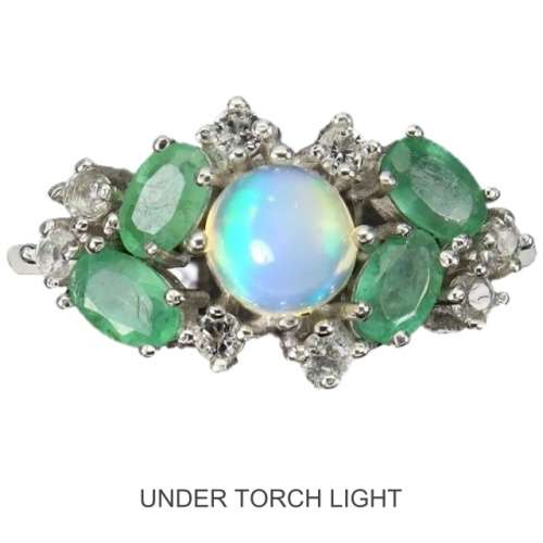 Natural Unheated Full Flash Fire Opal, Emerald, Topaz Solid .925 Silver 14K White Gold Ring Size 9