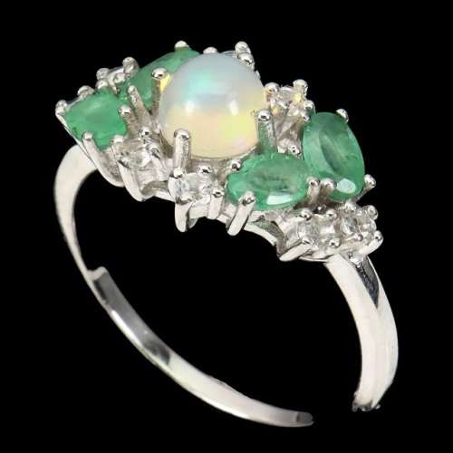 Natural Unheated Full Flash Fire Opal, Emerald, Topaz Solid .925 Silver 14K White Gold Ring Size 9