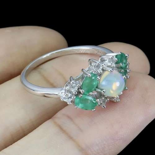 Natural Unheated Full Flash Fire Opal, Emerald, Topaz Solid .925 Silver 14K White Gold Ring Size 9