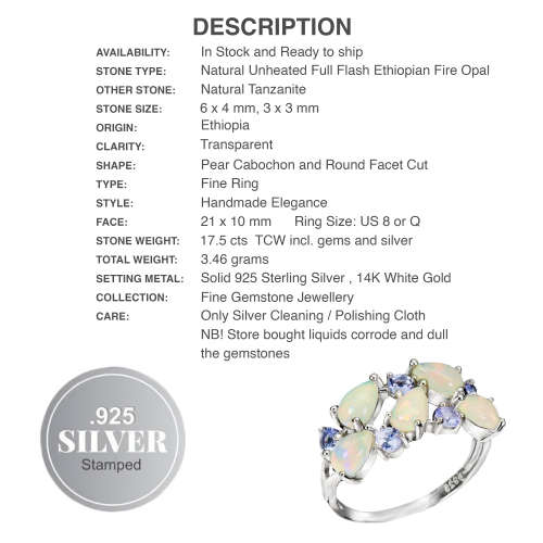 Natural Unheated Ethiopian Fire Opal Pears and Tanzanite Solid .925 Sterling Ring Size 8 or Q