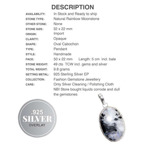 Natural Blue Schiller Moonstone Oval Gemstone  .925 Sterling Silver Pendant