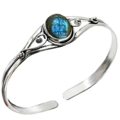Exquisite Natural Blue Fire Labradorite .925 Sterling Silver Adjustable Bangle