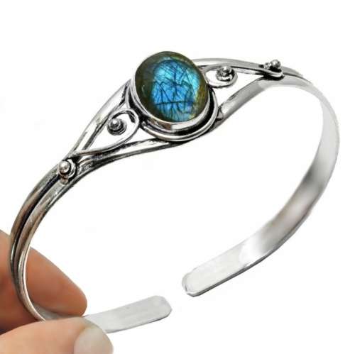 Exquisite Natural Blue Fire Labradorite .925 Sterling Silver Adjustable Bangle