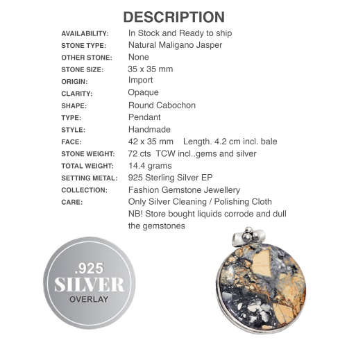 Natural Round Maligano Jasper Gemstone .925 Sterling Silver Pendant