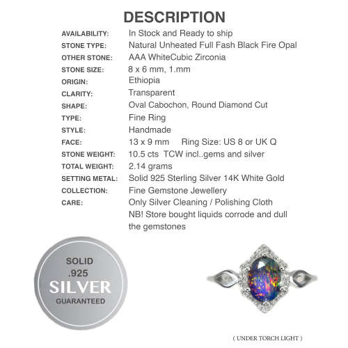 Rare Beauty Genuine Rainbow Black Fire Opal,CZ Gemstone .925 Solid Sterling Silver  Ring Sz 8